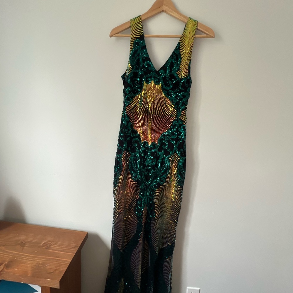 Glamorous Green and Gold Sequin Maxi Dress - Mardi Gras Colors - Picture 3 of 4